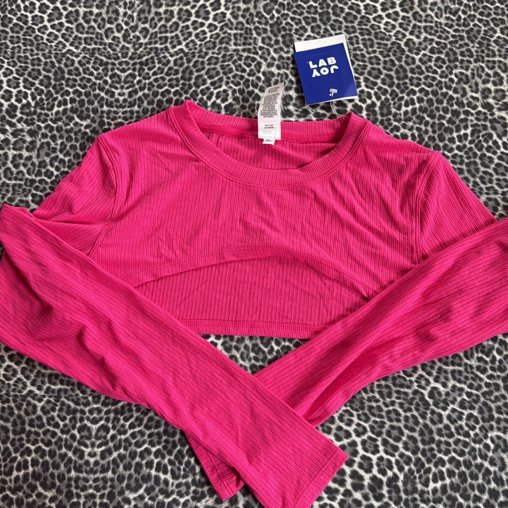 Joy Lab Pink Black Ribbed Long Sleeve Crop Shrug Athletic Top NWT - Picture 5 of 5